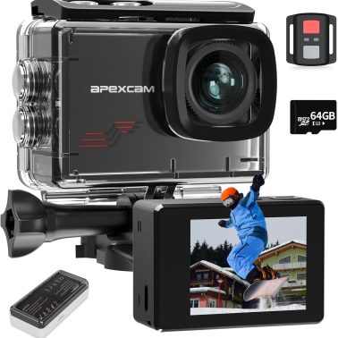 Apexcam Action Camera 4K with 64GB Card, HD 60FPS 48MP Sports Camera for Vlogging, 40M Waterproof Camera Underwater, 170 ° Wide Angle WiFi Camcorder, 8X Zoom, Remote Control, Helmet Mount Accessories