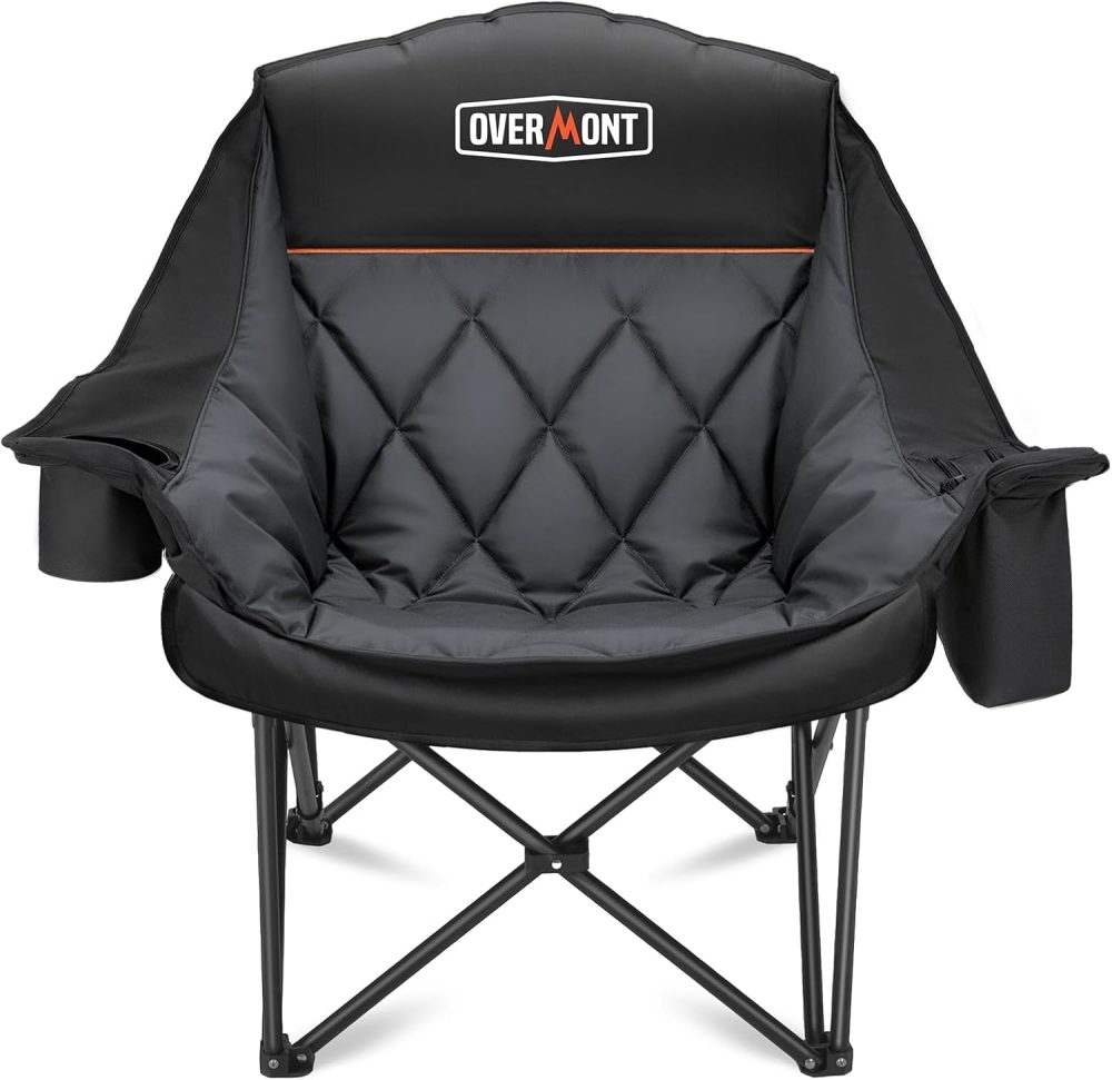 Overmont Oversized XL Camping Chair for Adults - 450lbs Support Heavy-Duty Padded Folding Chair with Side Pocket Cup Holder Cooling Bag for Outdoor Sports Garden Beach Fishing Lawn Black