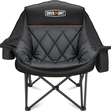 Overmont Oversized XL Camping Chair for Adults - 450lbs Support Heavy-Duty Padded Folding Chair with Side Pocket Cup Holder Cooling Bag for Outdoor Sports Garden Beach Fishing Lawn Black