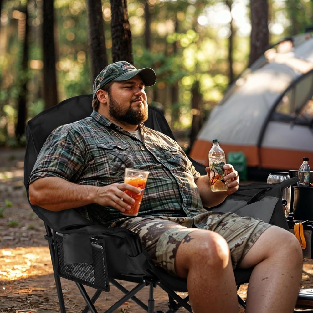 Overmont Oversized XL Camping Chair for Adults - 450lbs Support Heavy-Duty Padded Folding Chair with Side Pocket Cup Holder Cooling Bag for Outdoor Sports Garden Beach Fishing Lawn Black - Image 2