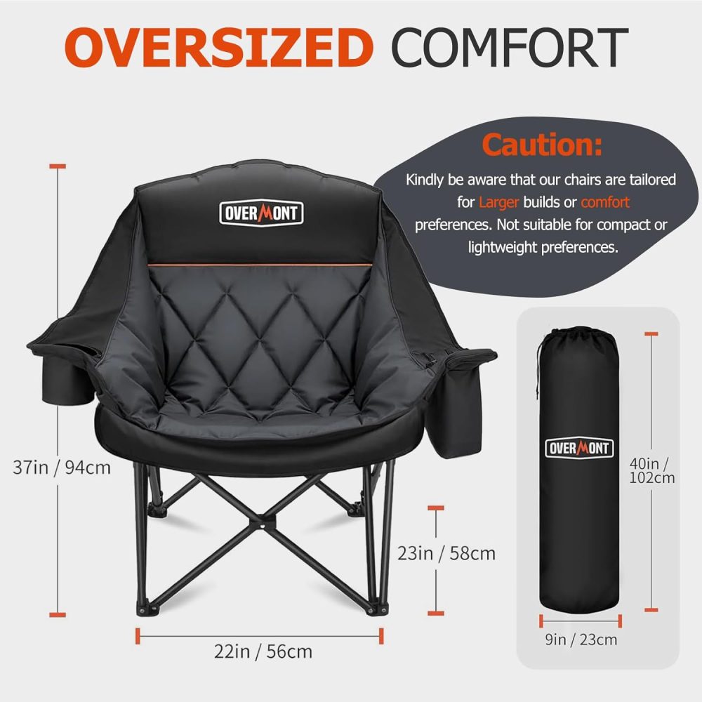 Overmont Oversized XL Camping Chair for Adults - 450lbs Support Heavy-Duty Padded Folding Chair with Side Pocket Cup Holder Cooling Bag for Outdoor Sports Garden Beach Fishing Lawn Black - Image 3