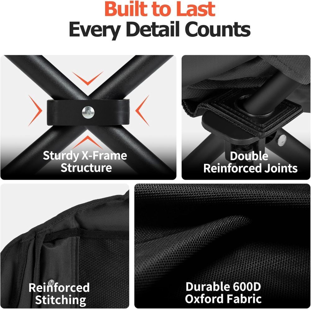 Overmont Oversized XL Camping Chair for Adults - 450lbs Support Heavy-Duty Padded Folding Chair with Side Pocket Cup Holder Cooling Bag for Outdoor Sports Garden Beach Fishing Lawn Black - Image 6