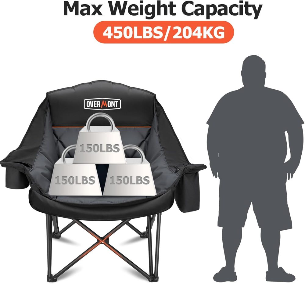 Overmont Oversized XL Camping Chair for Adults - 450lbs Support Heavy-Duty Padded Folding Chair with Side Pocket Cup Holder Cooling Bag for Outdoor Sports Garden Beach Fishing Lawn Black - Image 7