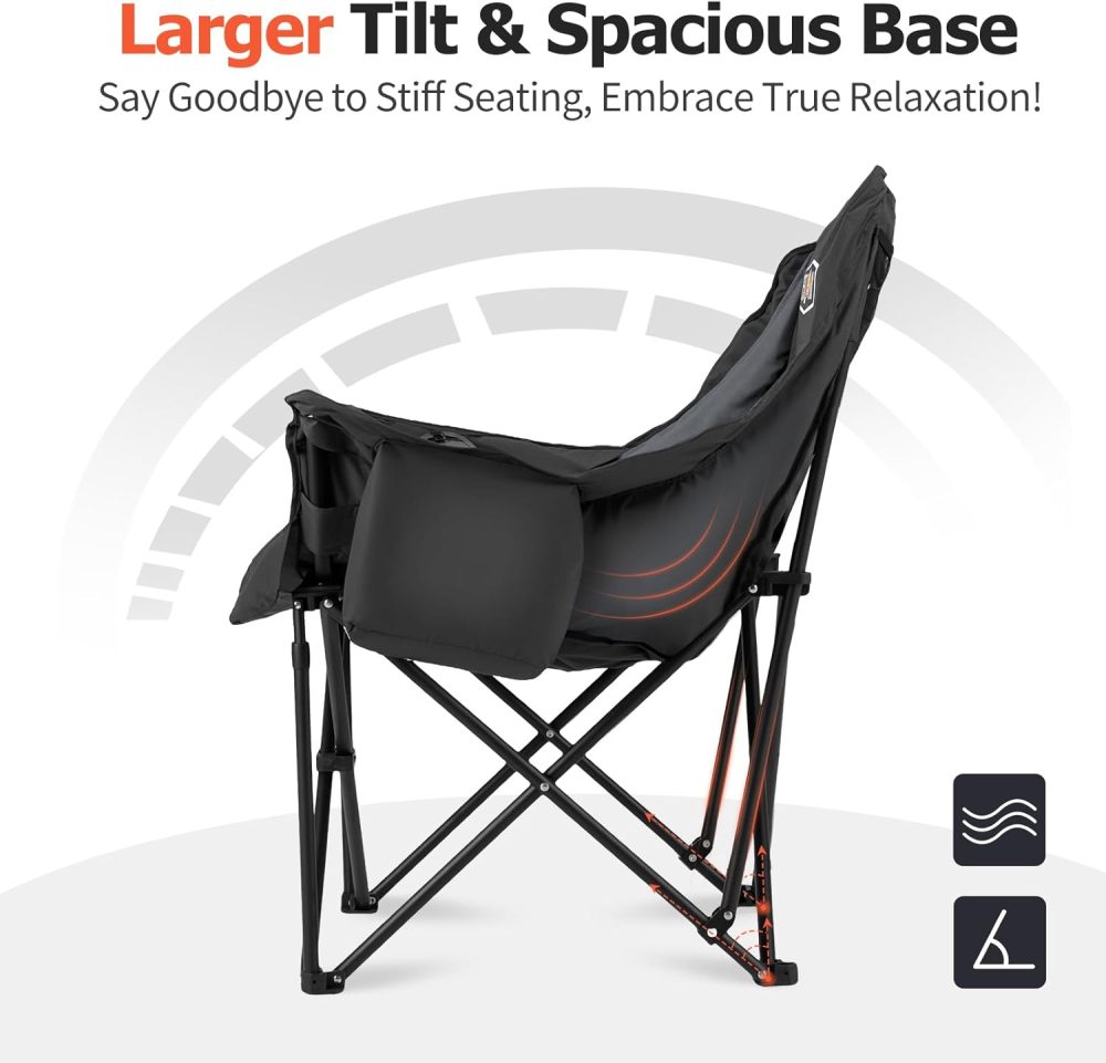 Overmont Oversized XL Camping Chair for Adults - 450lbs Support Heavy-Duty Padded Folding Chair with Side Pocket Cup Holder Cooling Bag for Outdoor Sports Garden Beach Fishing Lawn Black - Image 8